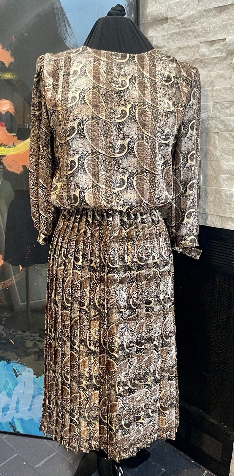 VTG Damon Brown Paisley Pleated Dress Preppy Satin Size 10 Midi 1980s Career