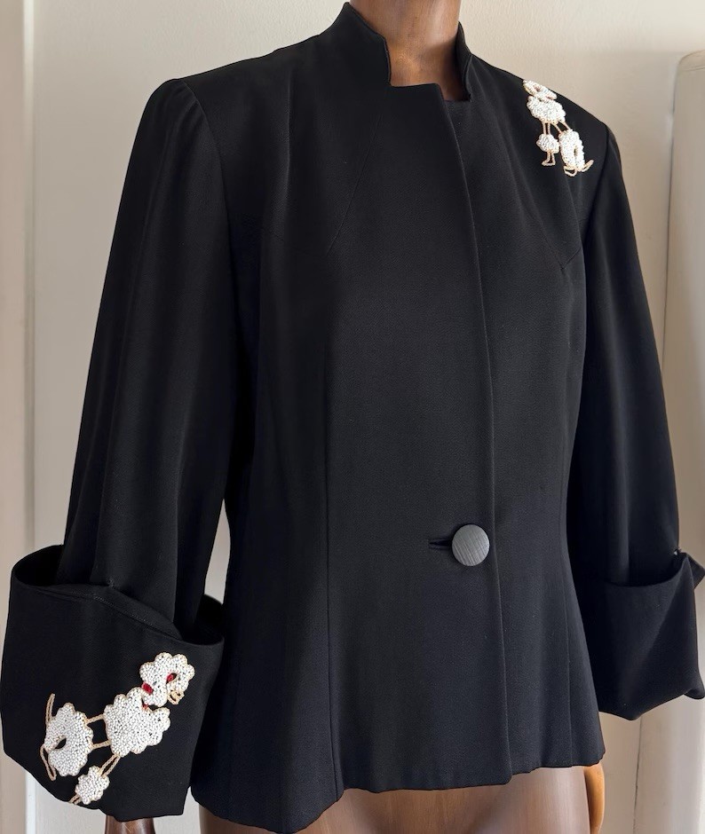 Vtg 50s Lilli Ann beaded chain stitch poodle novelty jacket coat medium large