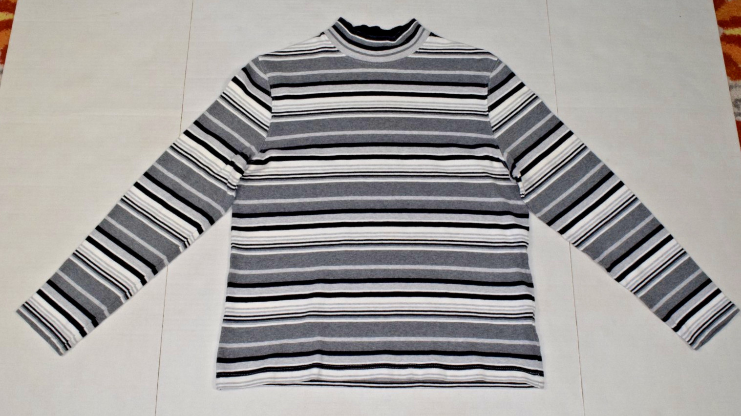Vintage Womens Top Croft & Barrow Stretch Size S 90s Mock Neck Gray Black Stripe