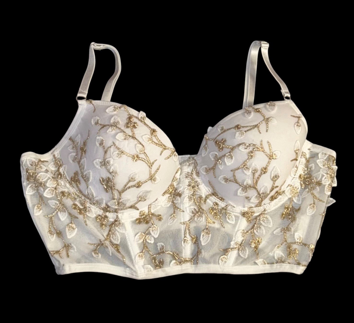 White Gold Metallic Embroidery Sheer Floral Corset Bustier Bra Womens L New