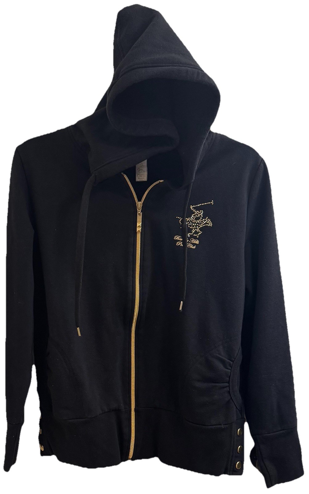 VTG BEVERLY HILLS POLO CLUB Black Velour Full Zip Hoodie Rhinestones & Pony (L)
