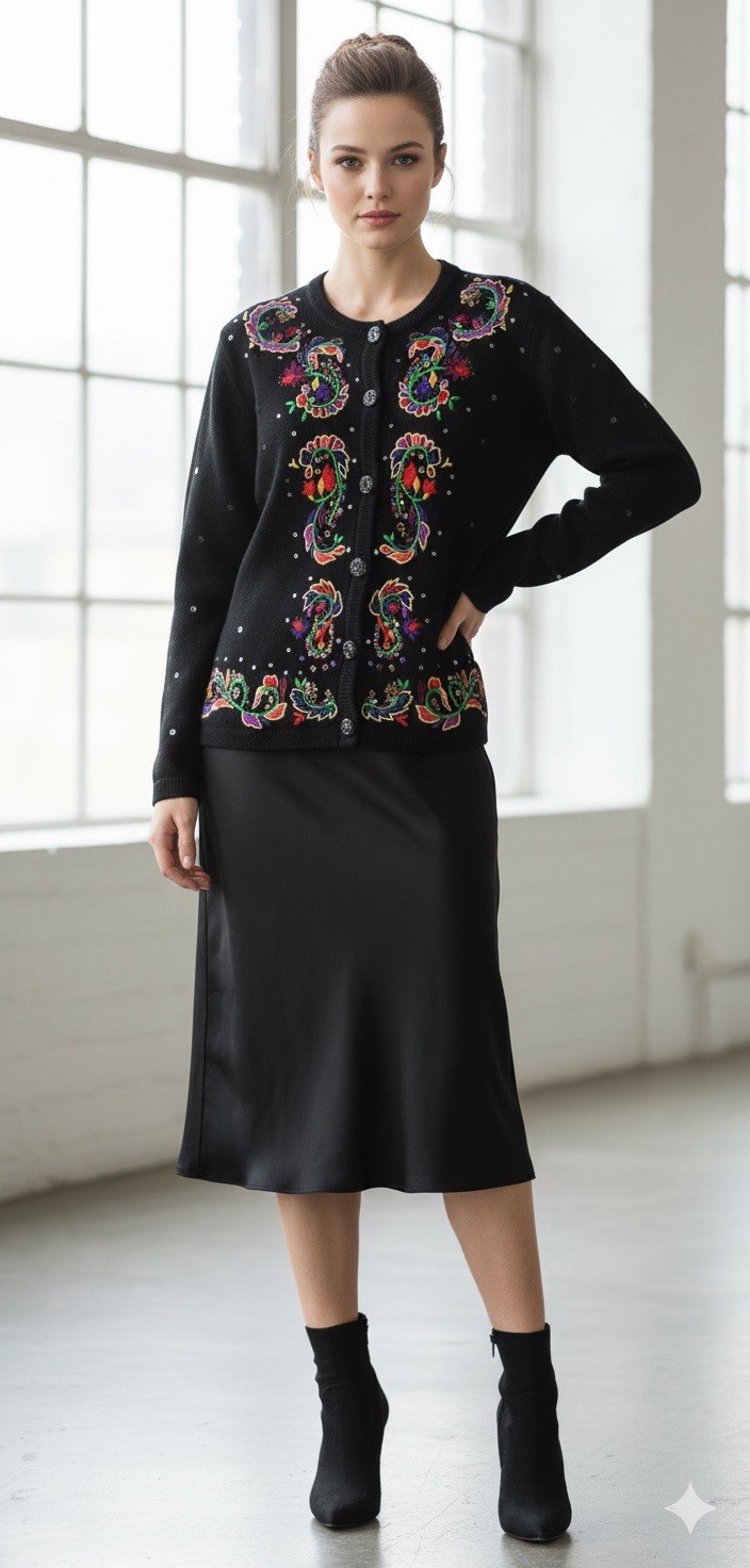 Jack B Quick Button Cardigan Sweater Size Large Sequins Beads Rhinestones Black