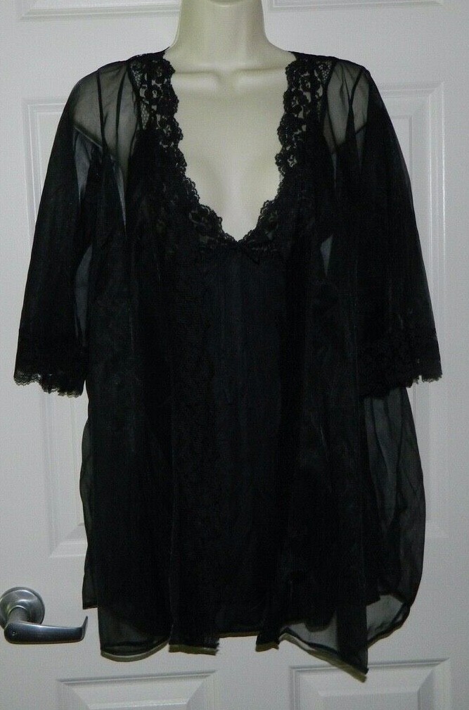 Vintage Pandora By CHIC Lingerie Black Nylon Chiffon Set Nightgown Robe Size S