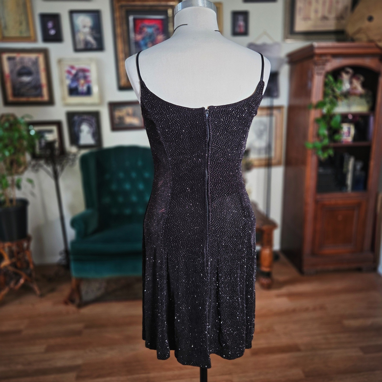 Vintage 90s Bari Jay Black Sequin Beaded Glitter Cocktail Mini Dress