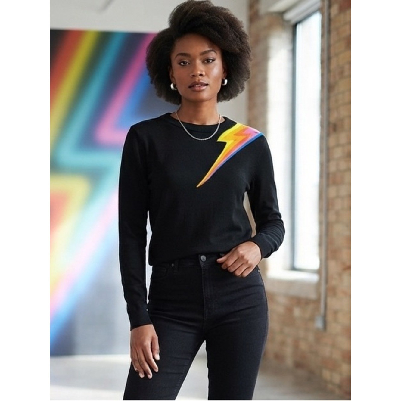Oxknit Store Black Lighthing Bolt Retro 60’s Mod Style Knit Black Sweater Size S