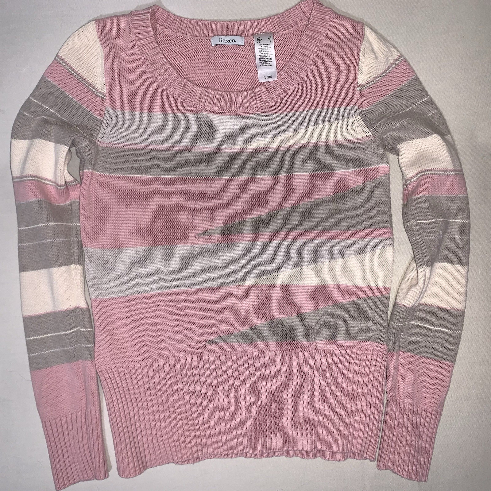 Liz And Co Vintage Sweater Women’s Pink Cream And Gray Striped Knit Small