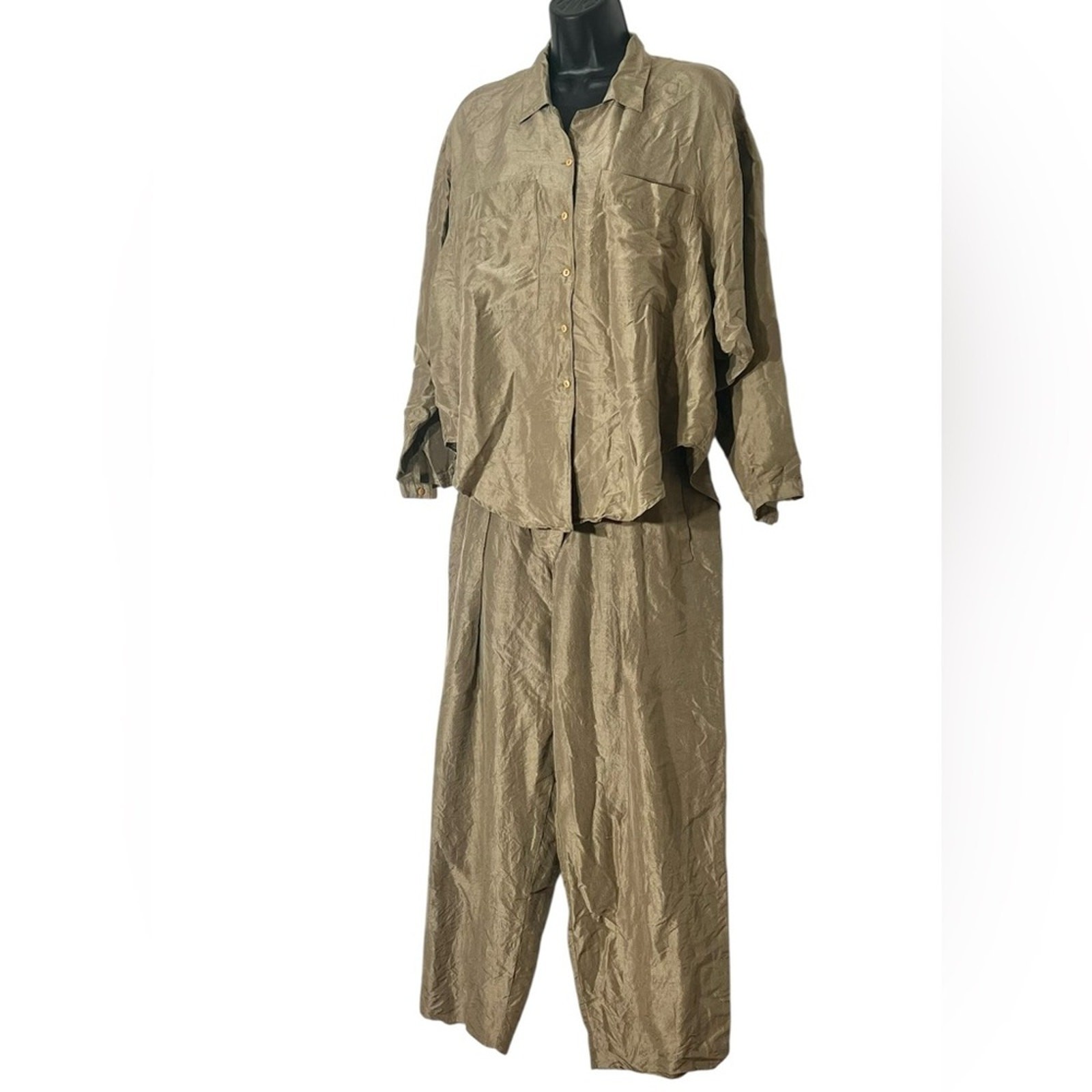Vintage 80s Silk Set Padded Shoulder Power Suit Camel Tan Utility Pants M