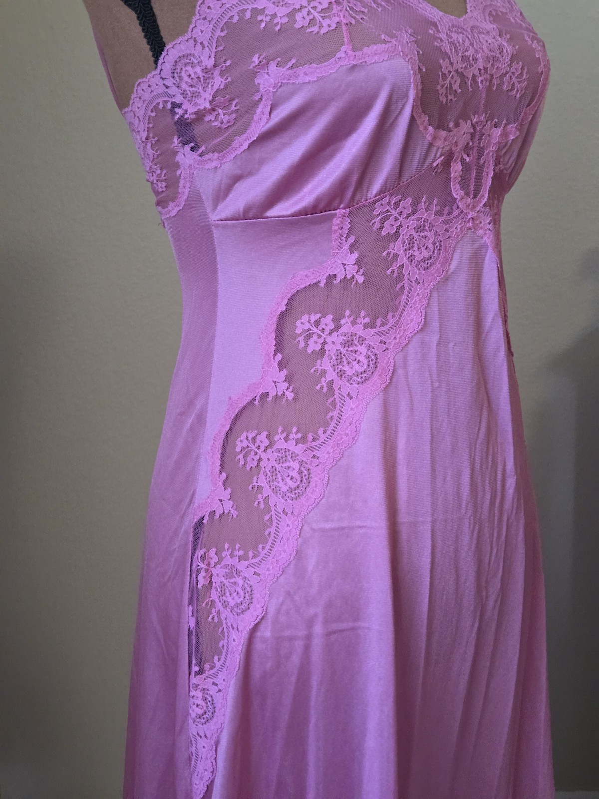 Vintage Jcpenney Nylon Lace Full Length Night Gown Pink Sexy Feminine Sz Small