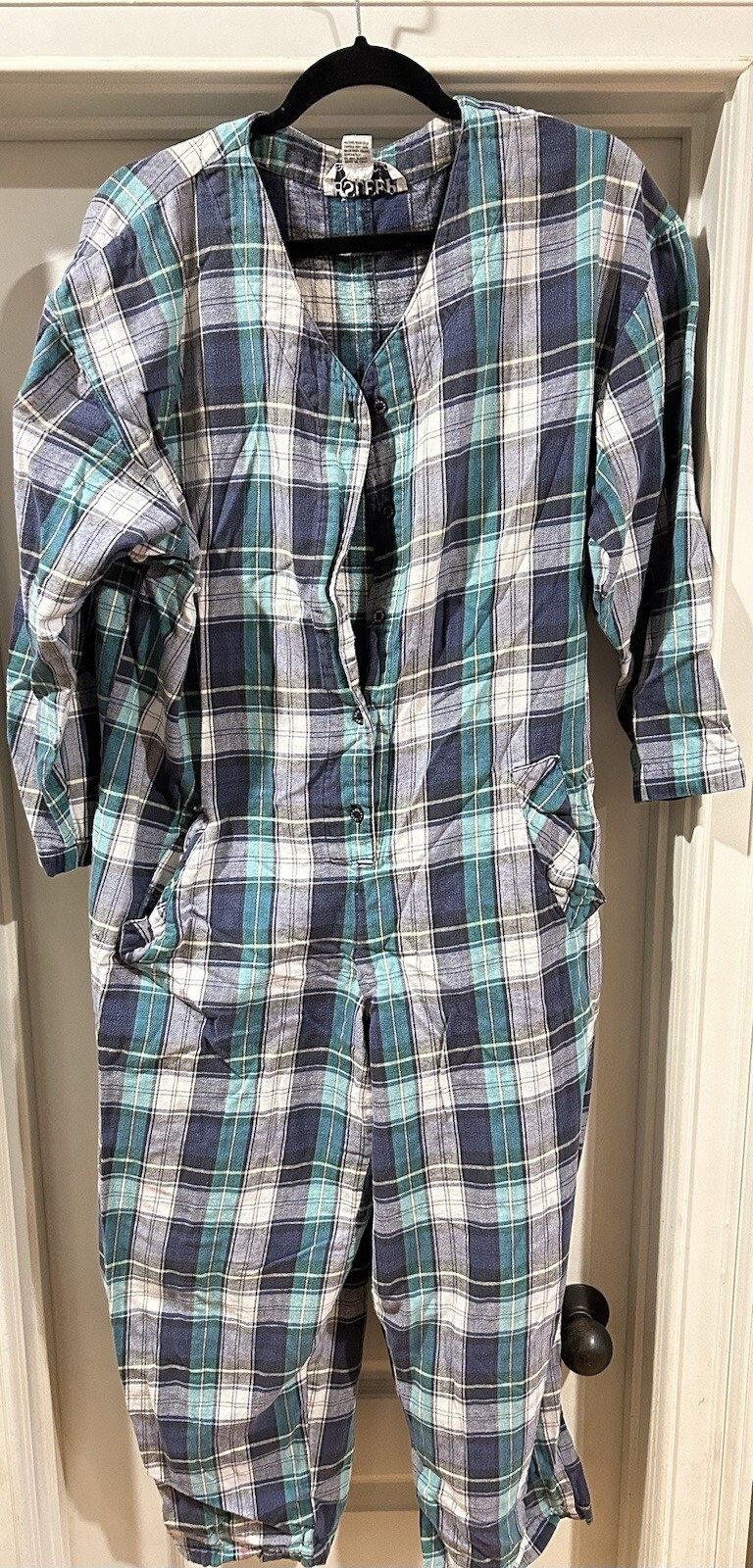 Vintage Esleep Jumpin Flannel Pajamas Women’s Medium Green Blue Plaid One Piece