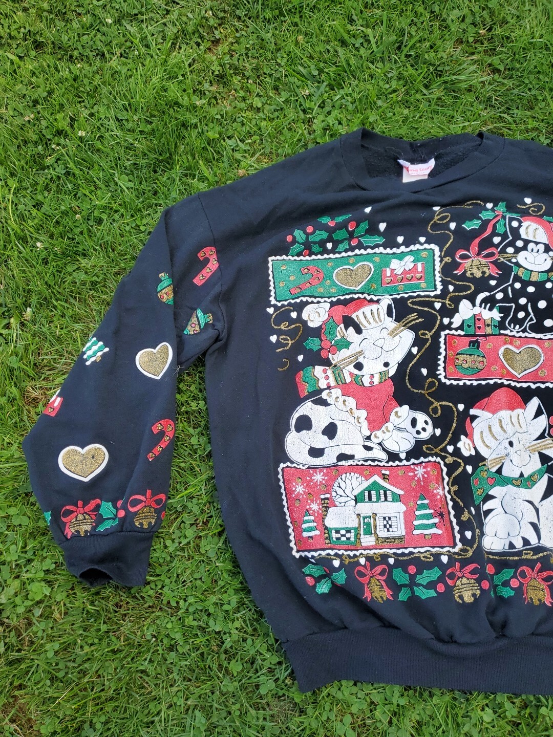 Vintage Young Stuff Cat Kitten Christmas Sweater Top Black 80s Xmas
