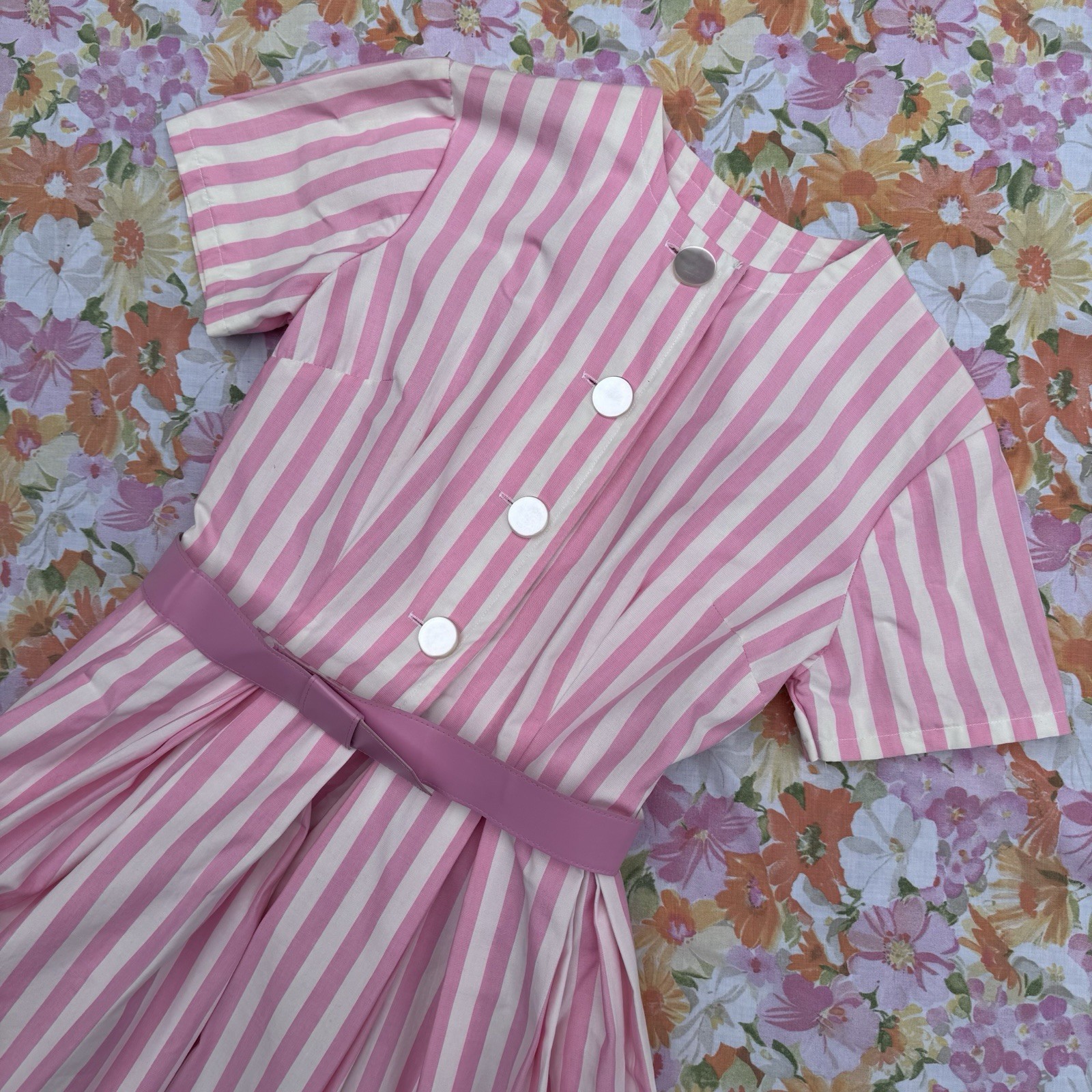 Vintage 1960s Pink And White Striped Mode O Day Dress W/Belt – Size M/L