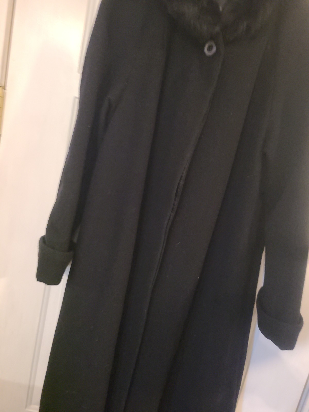 VTG Donnybrook 100% Wool Black Maxi Coat Womens 16 Hood Real Fur Opera Church