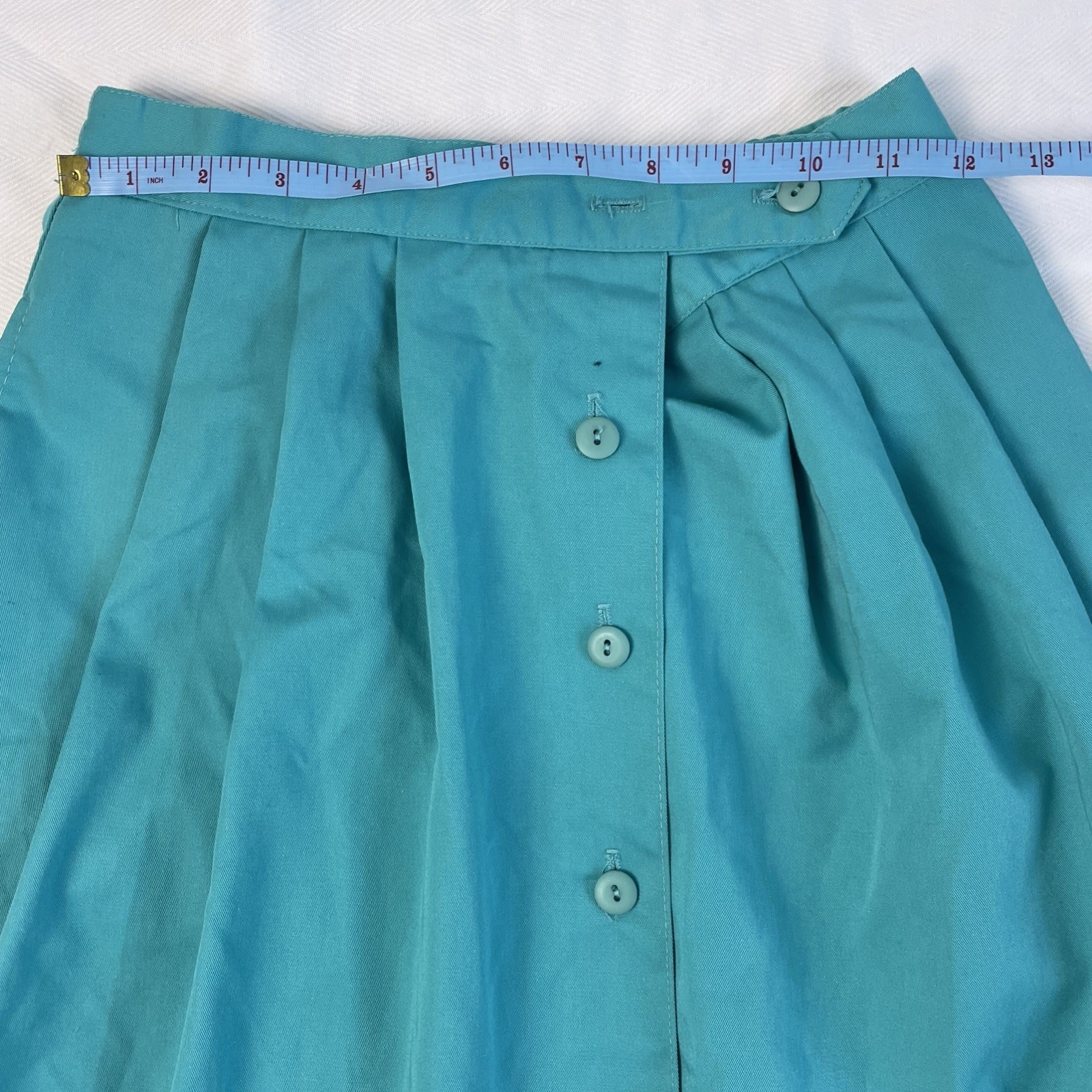 Vintage 80s XS Teal Button Front Midi Skirt High Rise A-Line Turquoise Preppy