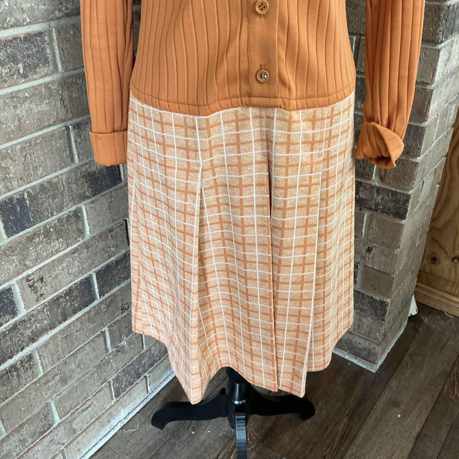 60s 70s VTG Neiman Marcus Orange Knit Plaid Drop Waist Dress Size 10 ILGWU #38D7