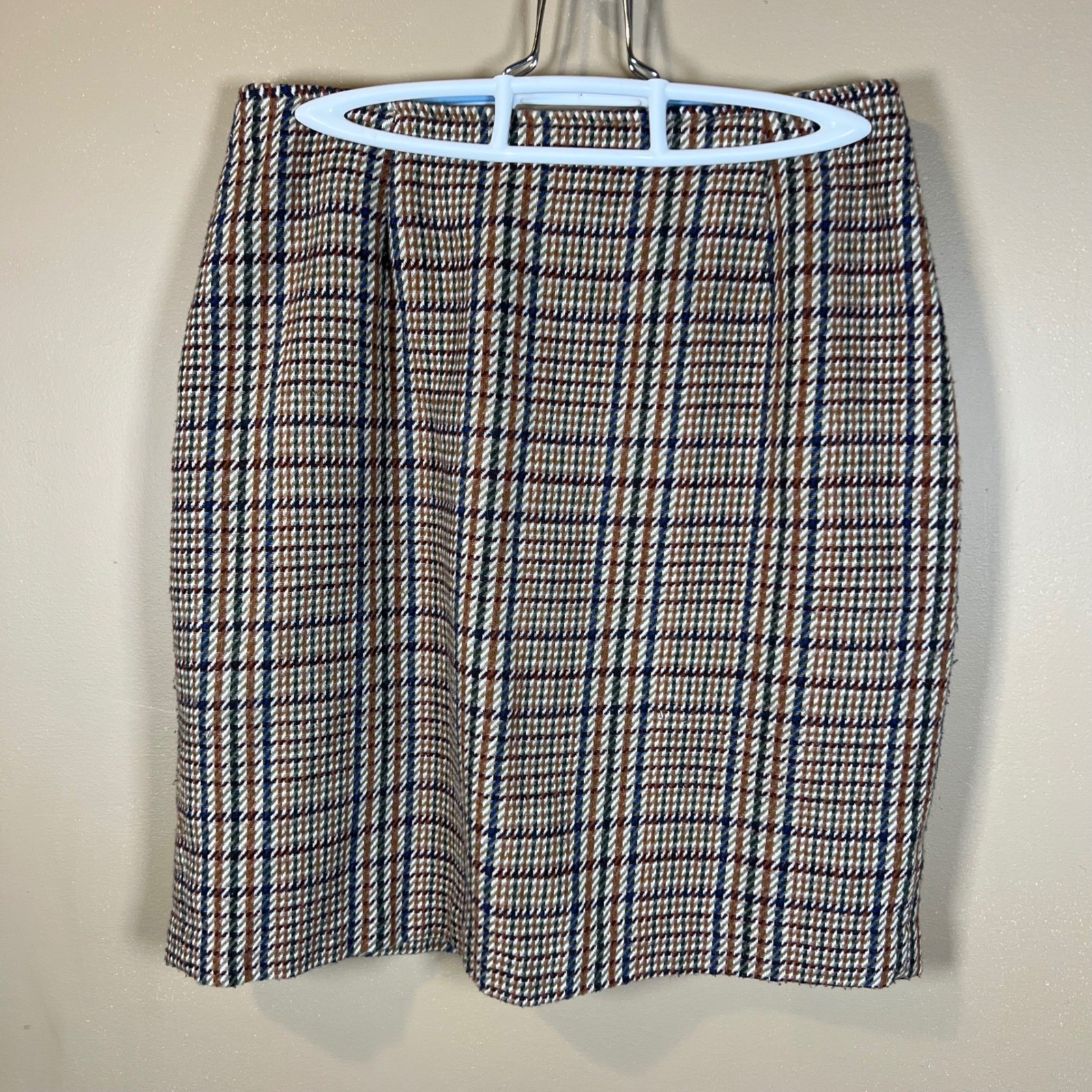 Hugo Buscati Milano Vintage Plaid Skirt Suit Brown Blue Wool Blend Size 8 USA