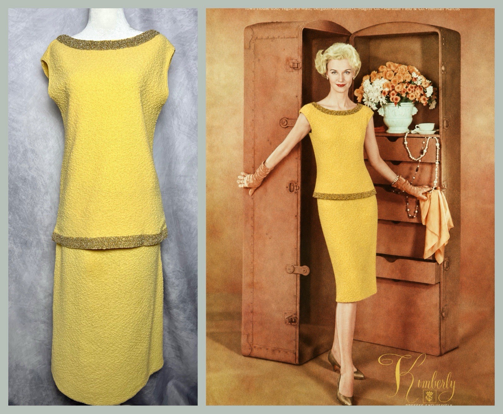 Vintage 1960s Kimberly Yellow Knit Sleeveless Top Metallic Trim & Skirt Set M/L