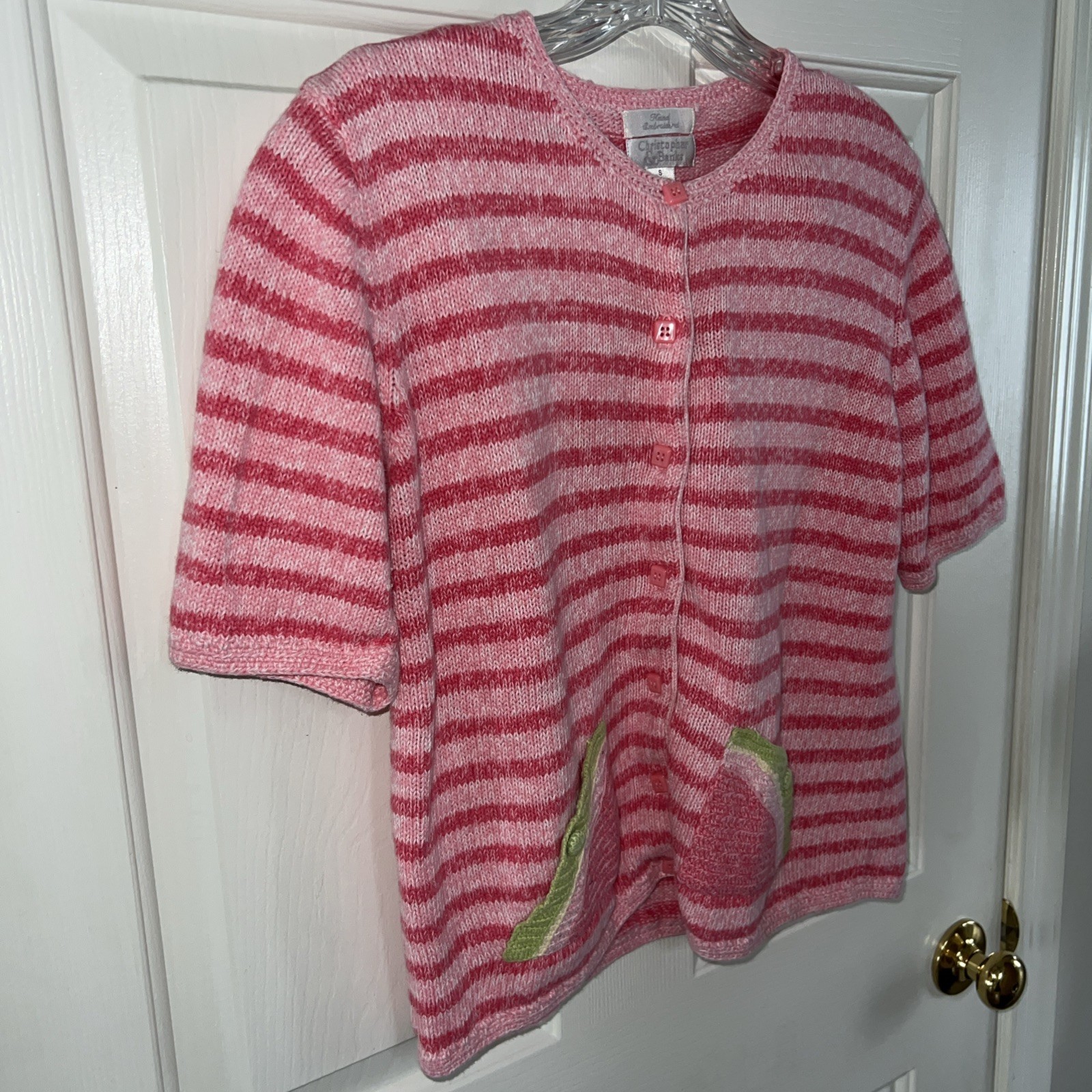 Vtg Christopher & Banks Pink Stripe Hand Stitched Sweater Watermelon Pocket Sz S