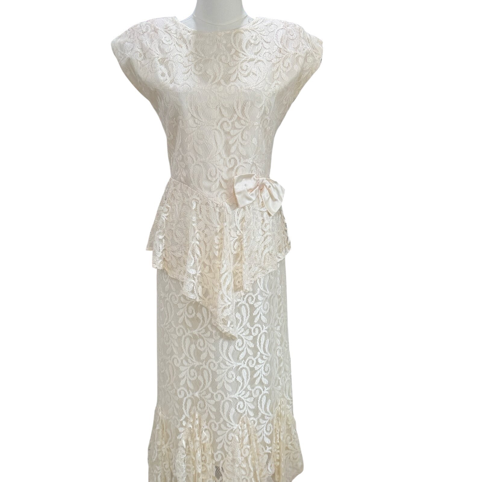 Vintage Zum Zum Lace Peplum Midi Dress Ivory Cream Bow Handkerchief Hem Bridal