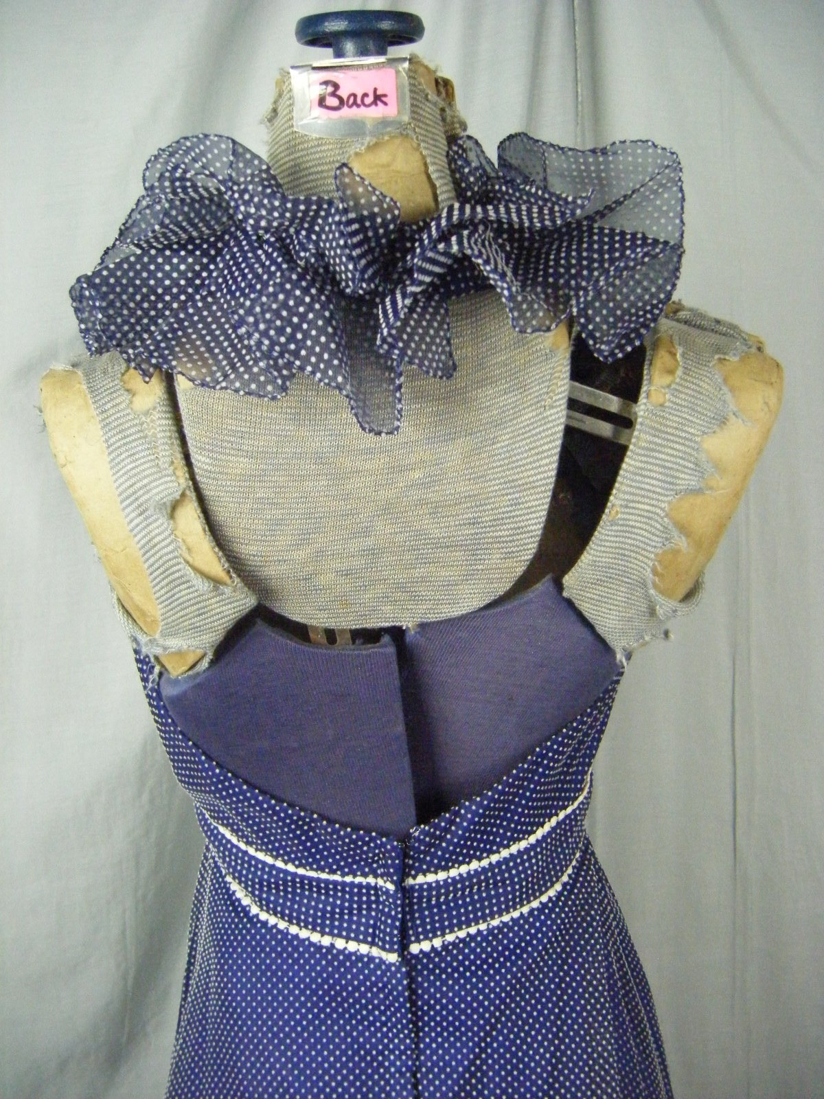 MIKE BENETT FORMALS Vtg 70s Navy Felt Dots Ruffle Halter Dress-Bust 34/XS