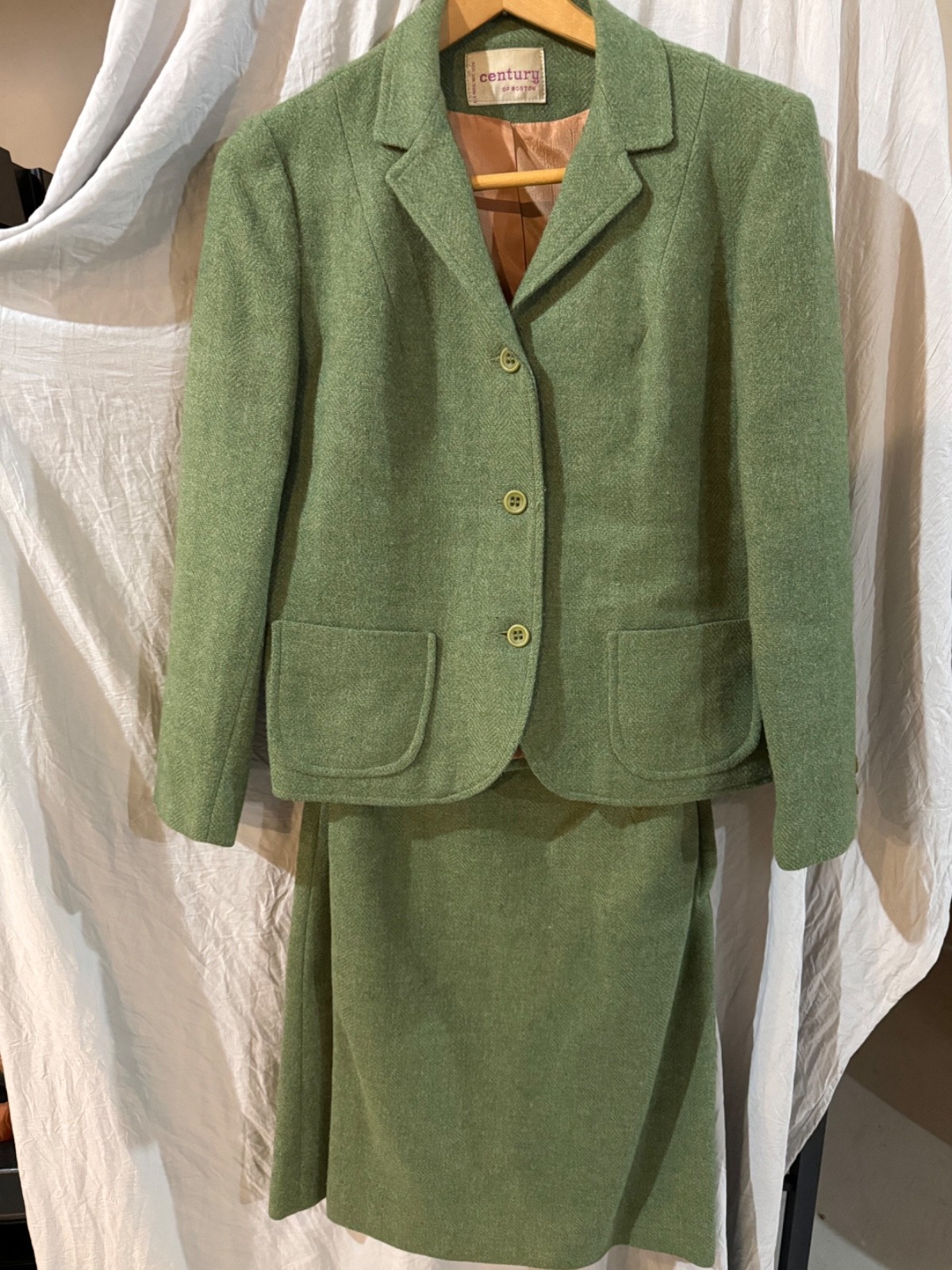 Vintage 1960s Century of Boston Green Wool Skirt Suit Set 12 Mod ILGWU Mad Men S