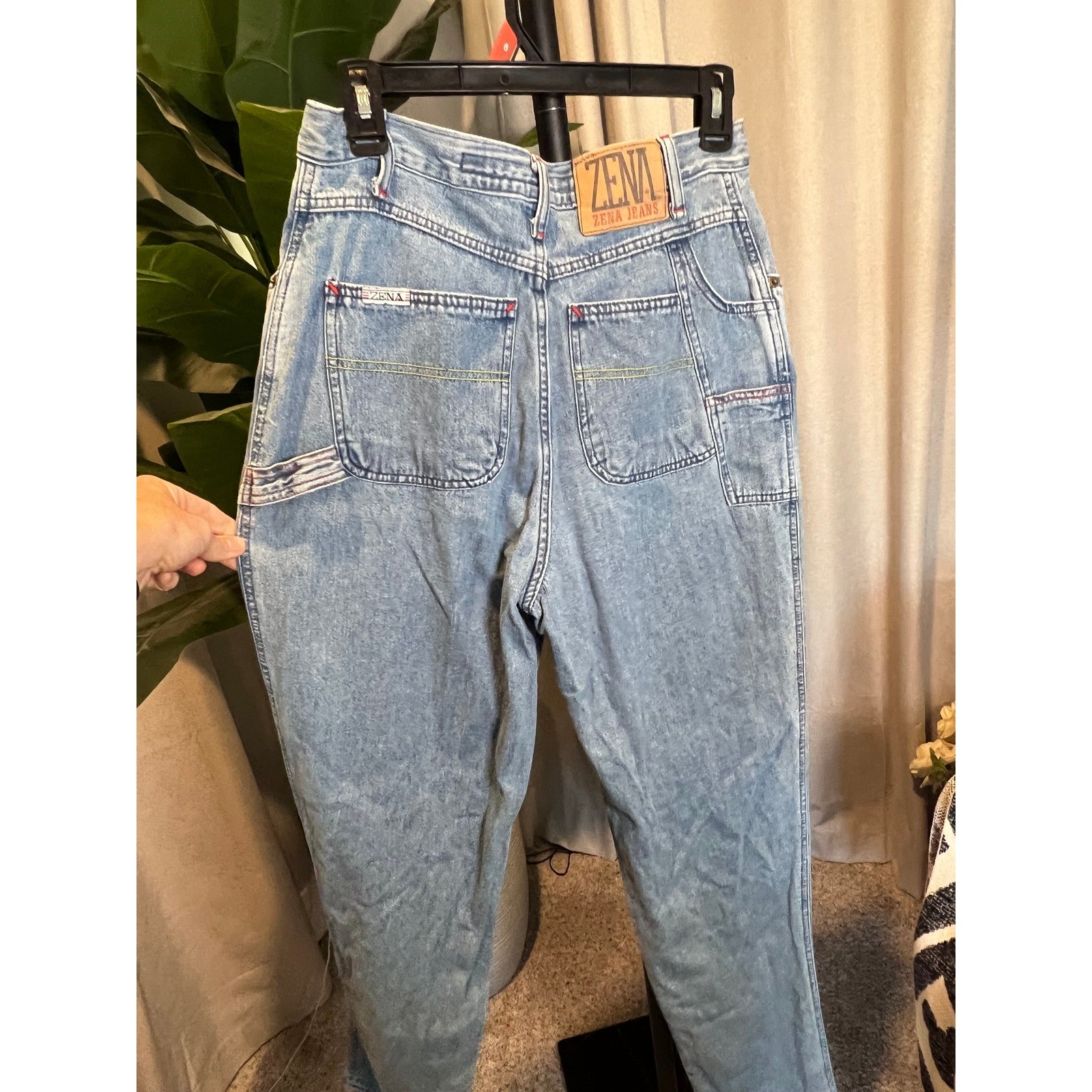 Vintage Zena Jeans High Waisted Acid Wash Carpenter Mom Jeans Light Blue Size 11