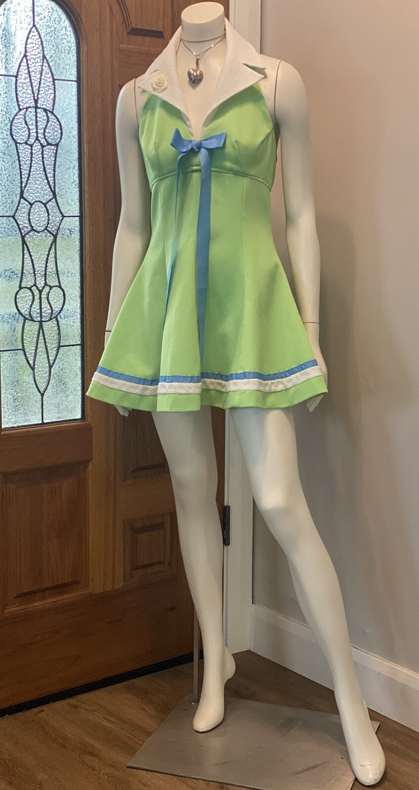 Vintage 60’s 70’s Lime Green Retro Halter Lapel A-line Mini Disco Sport SunDress