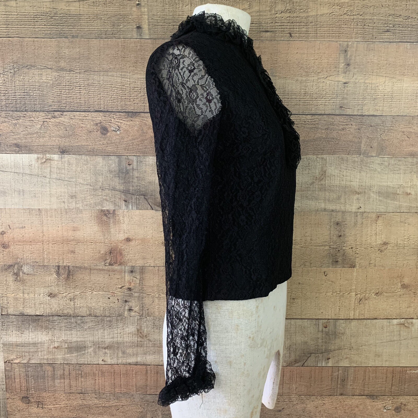 Vintage 1960’s Mod Black Lace Back Button Ruffled Lace Blouse Size S/34