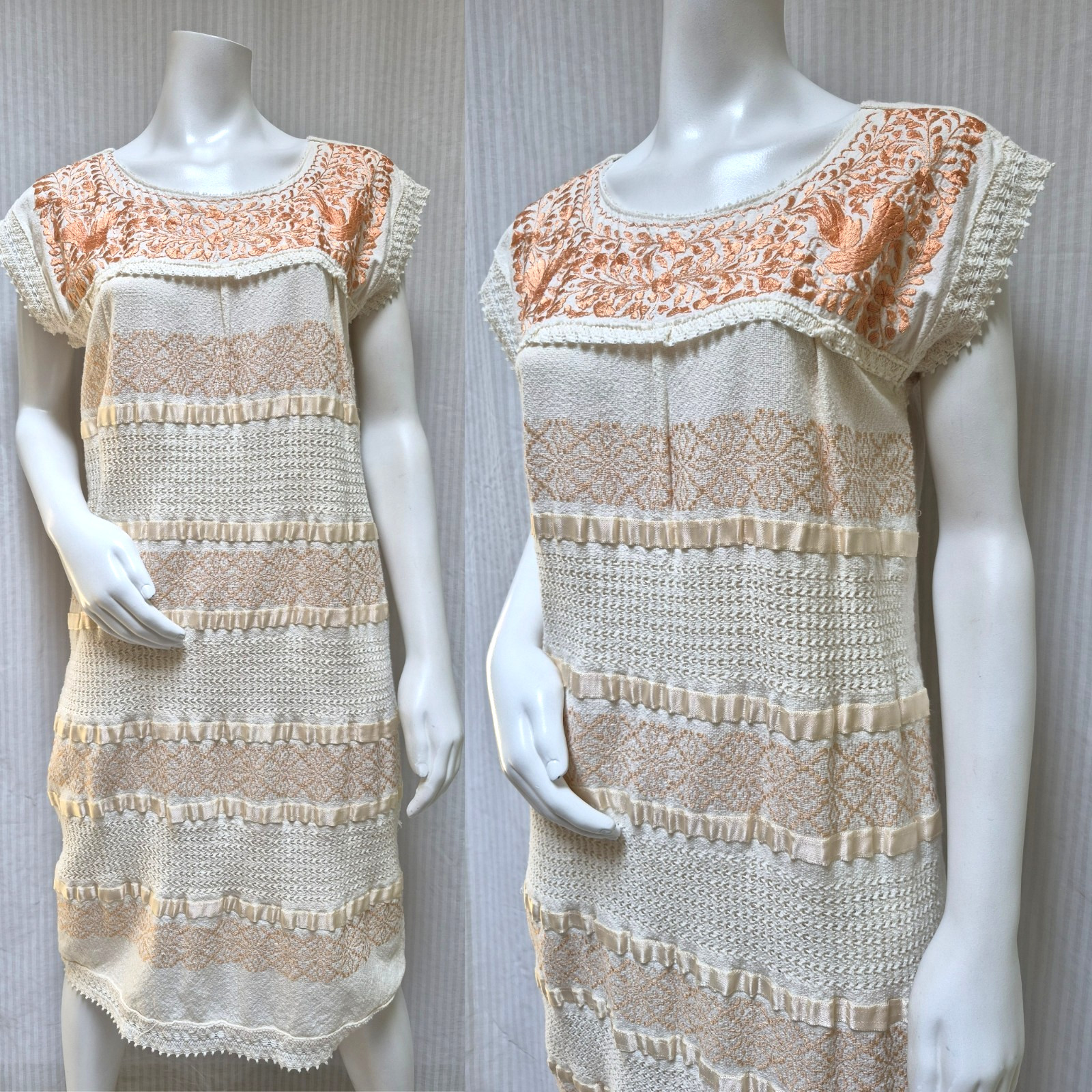 BEAUTIFUL MEXICAN IVORY EMBROIDERED VINTAGE COTTON WOVEN DRESS -Size S/M