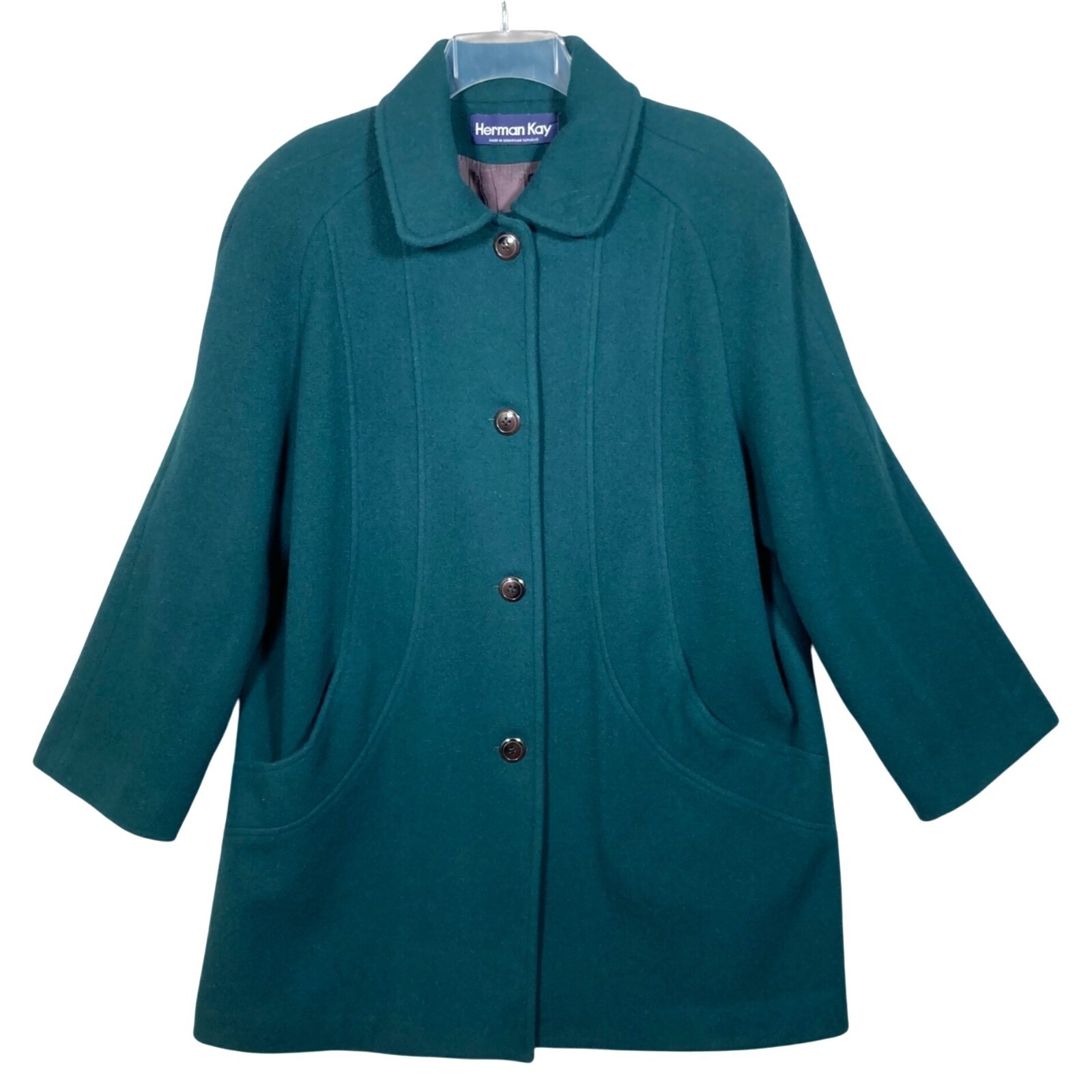 Vintage Herman Kay Womens Dark Green Wool Blend Long Coat Button Pockets Size 16