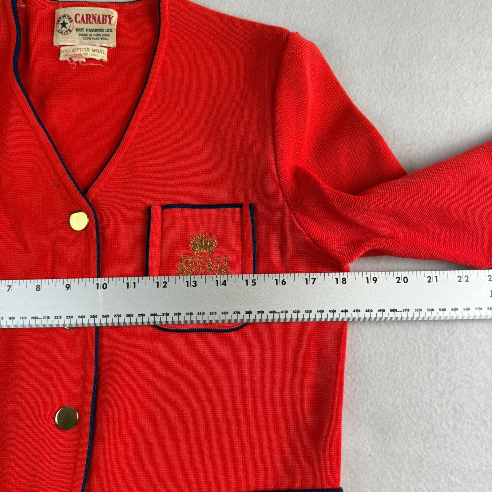 Vintage 60s Carnaby Red Wool Preppy Cardigan Navy Trim Gold Crest Buttons Sz 12
