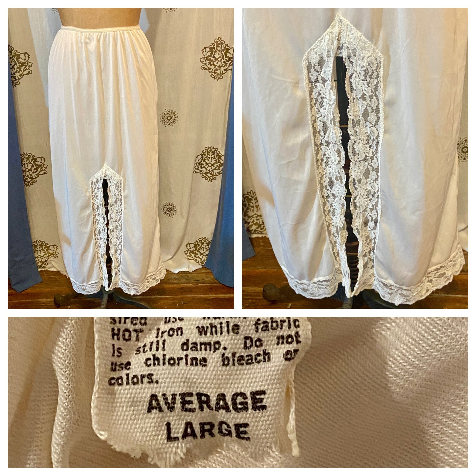 vtg Formal Long Ivory Half Slip LACE Nylon Slit Up Front Cottagecore Coquette L