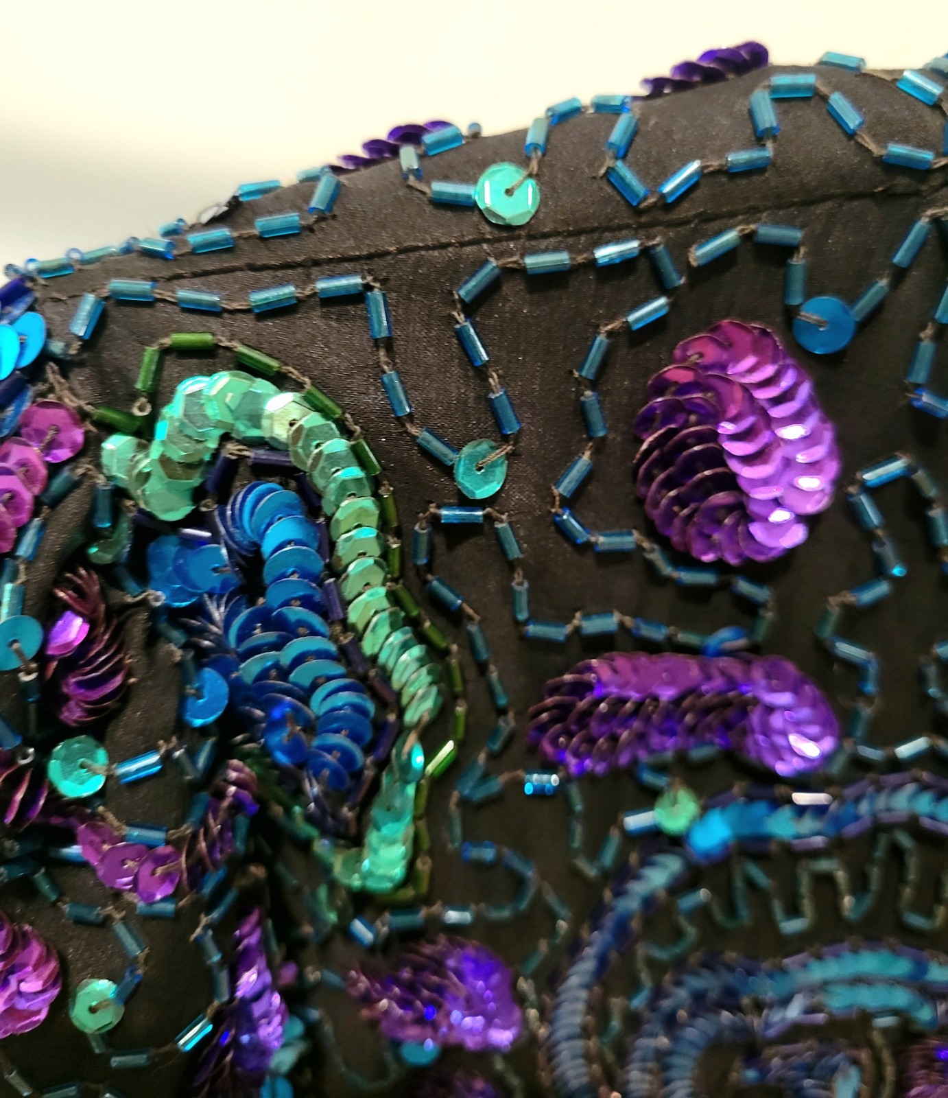 100% SILK Laurence Kazar Vintage Beaded/Sequined Embellished Blouse Blk/Blu PL