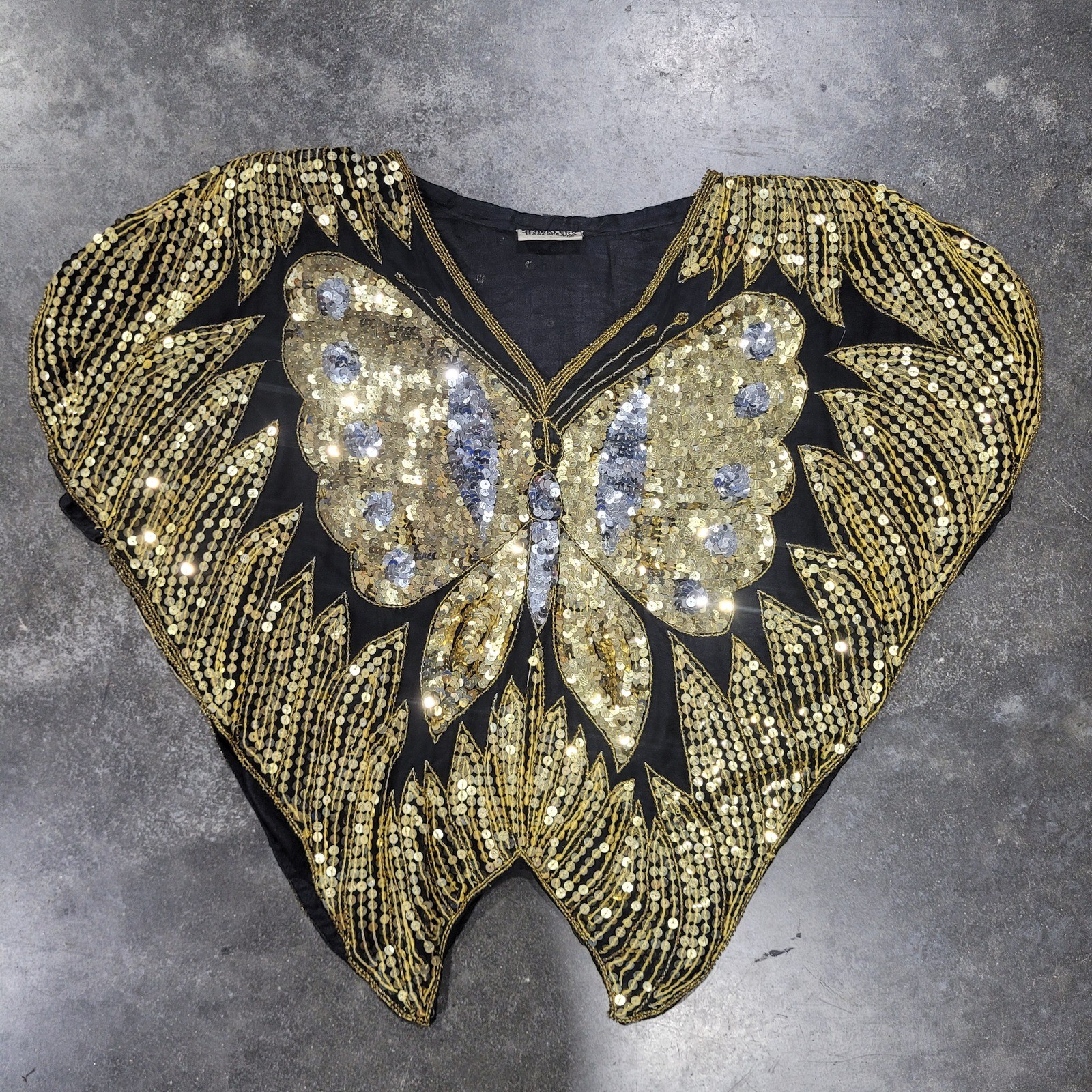 Vintage Butterfly Top OS Black Gold Sequin Silk Beaded 80s Statement Art Deco