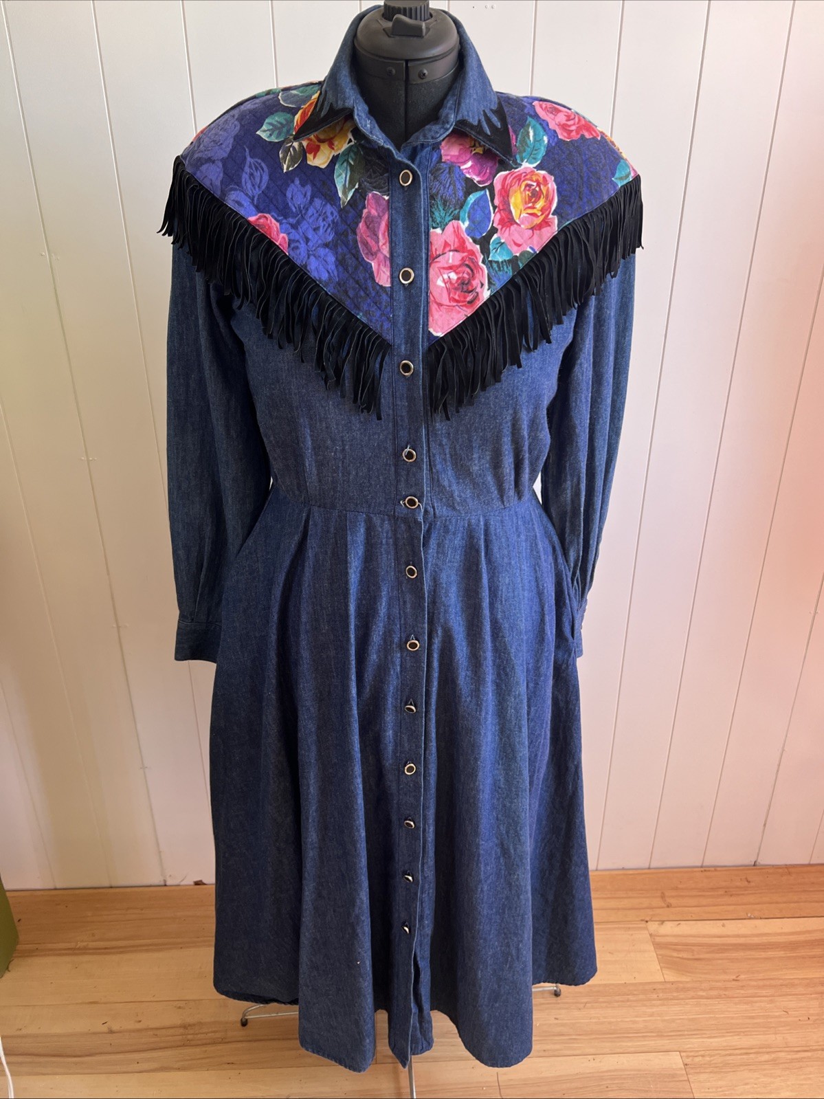 VTG 80s Choon California Denim Maxi Dress Western Floral Quilted Yoke Fringe M L