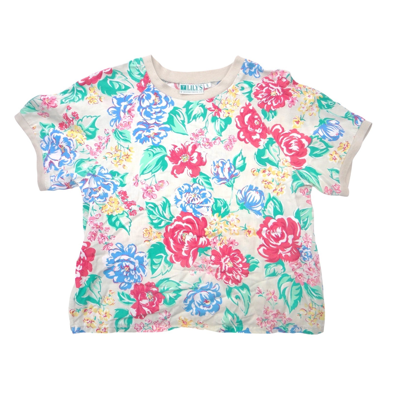 Vintage Lilys of Beverly Hills Floral Short Sleeve Top Cream Pink Blue Small