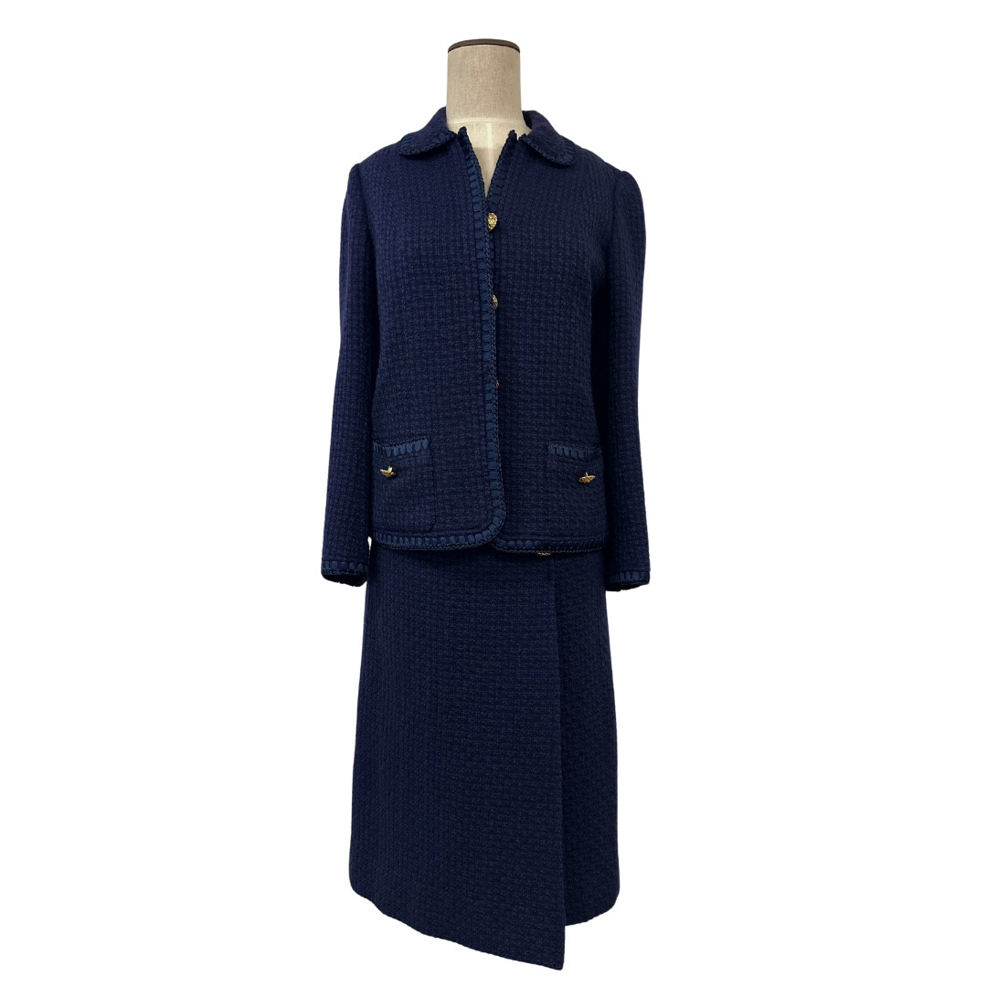 Vintage 1960s Saks Fifth Avenue Navy Blue Bouclé Wool Two Piece Skirt Suit Set