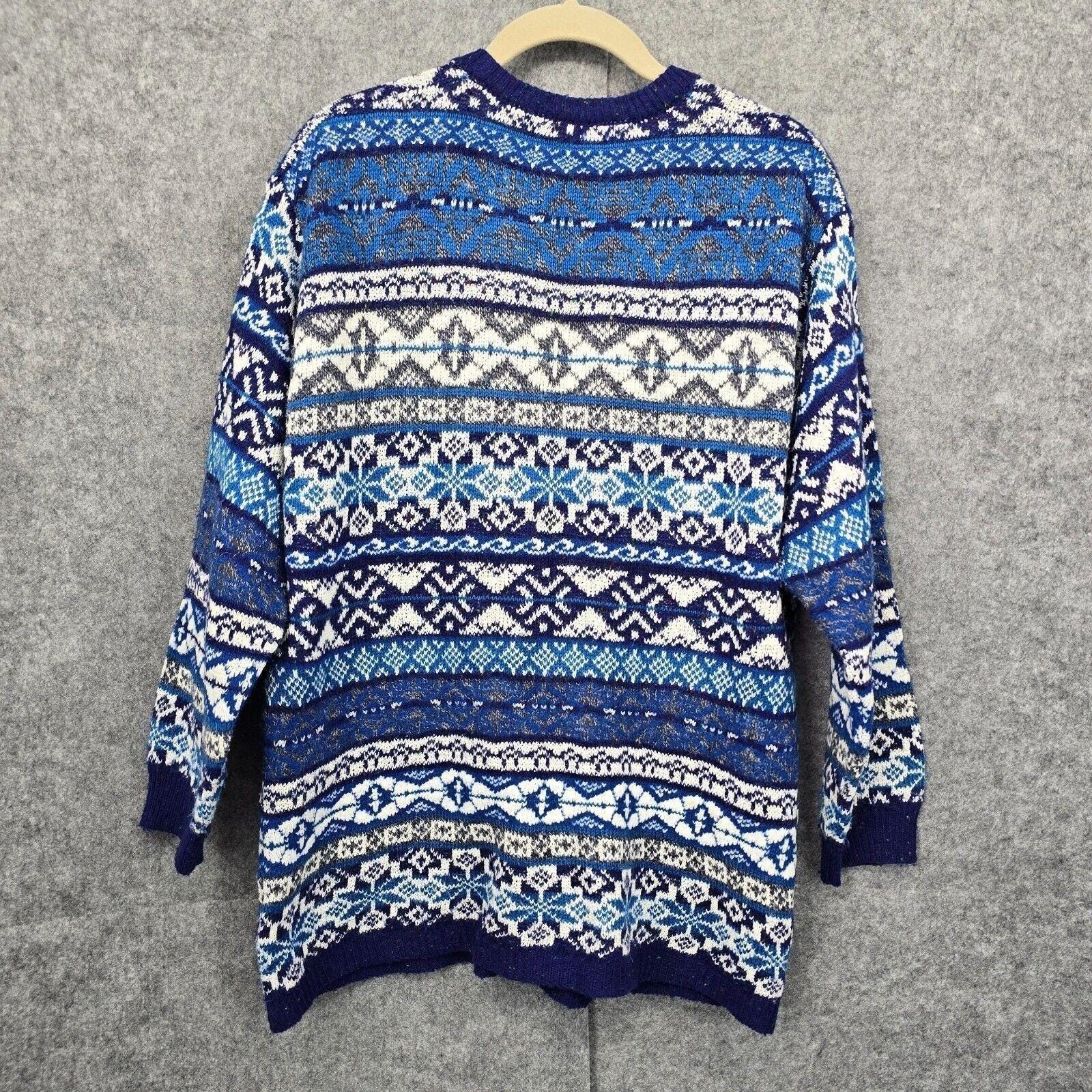 Vintage Beldoch Popper Blue Fair Isle Snowflake Wool Blend Cardigan Sweater L