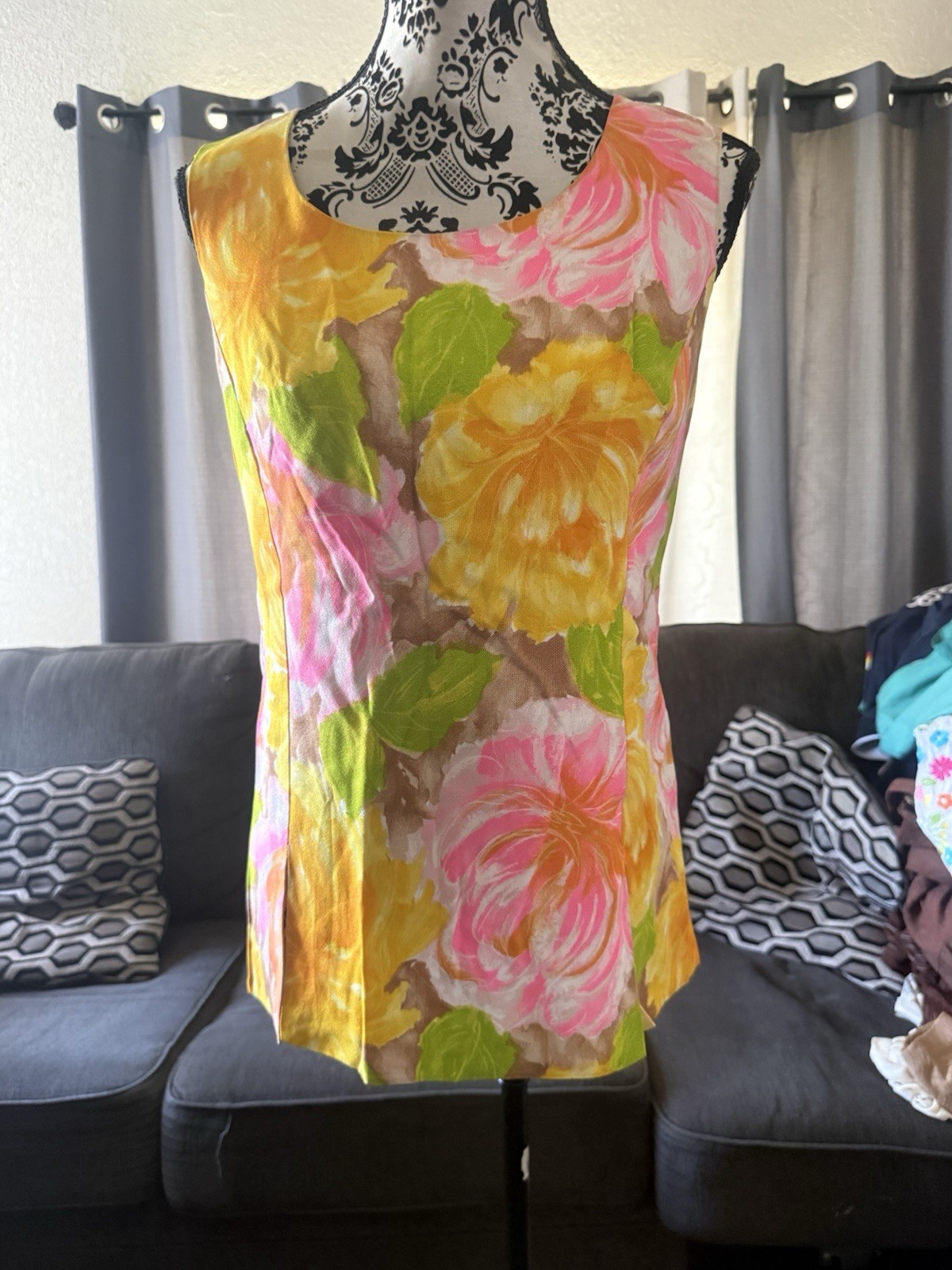 Vintage 60s Alex Colman Floral Print Polo Shirt MCM Hippy Women’s Size Medium