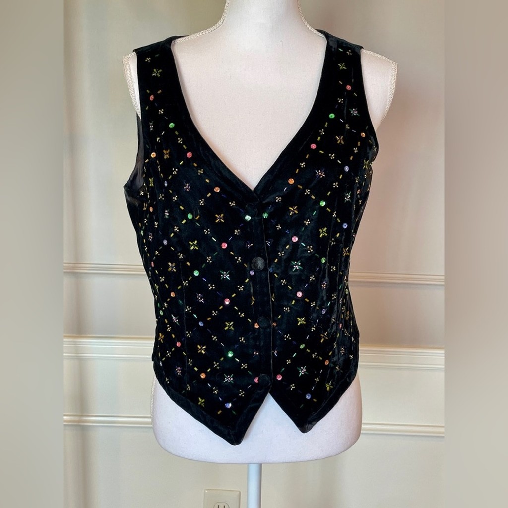 Vintage Banana Republic Velvet Beaded Vest 90s Flair Size 12 Friends Seinfeld