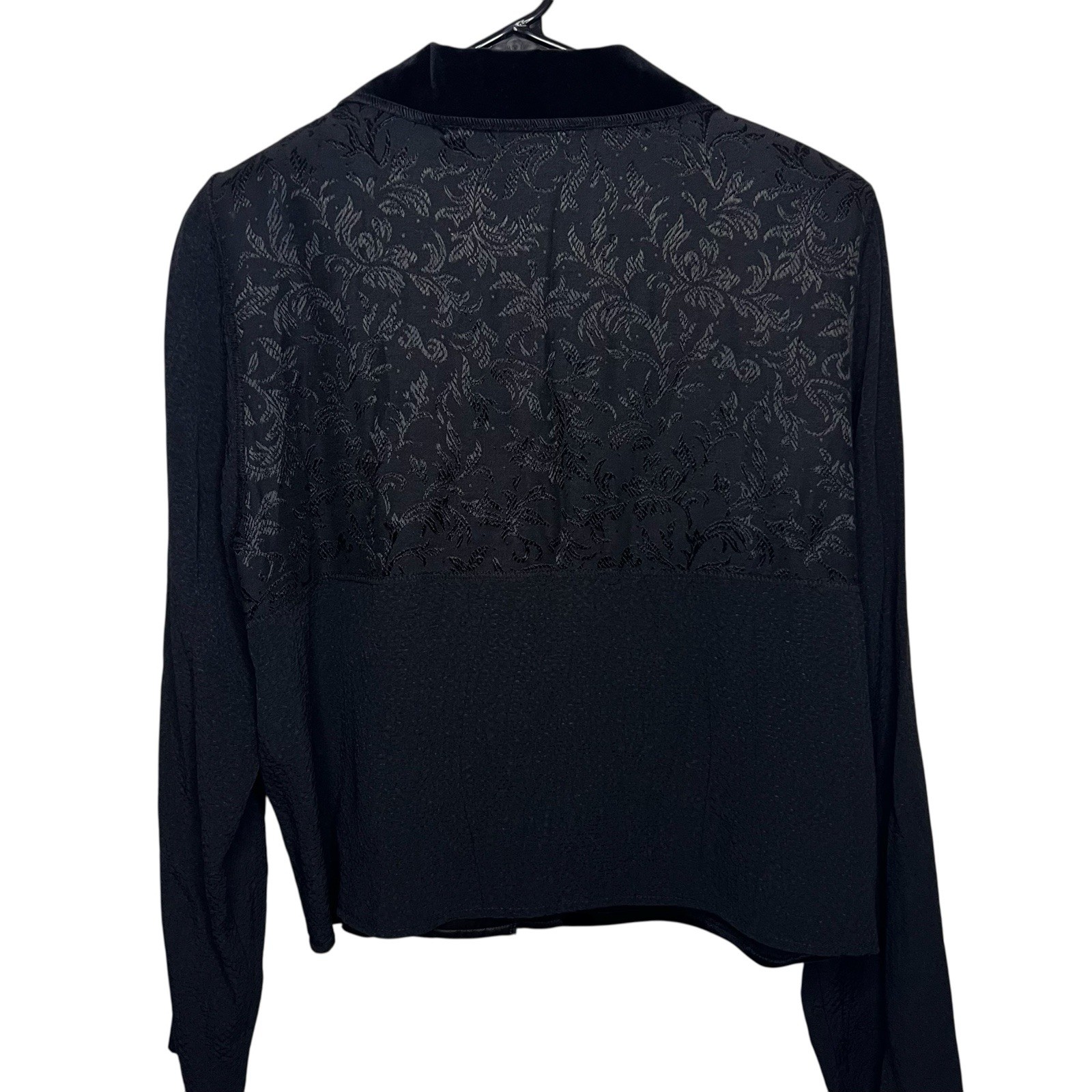 Vintage Black With Velvet Detail Women Formal Collar Shirt Blouse