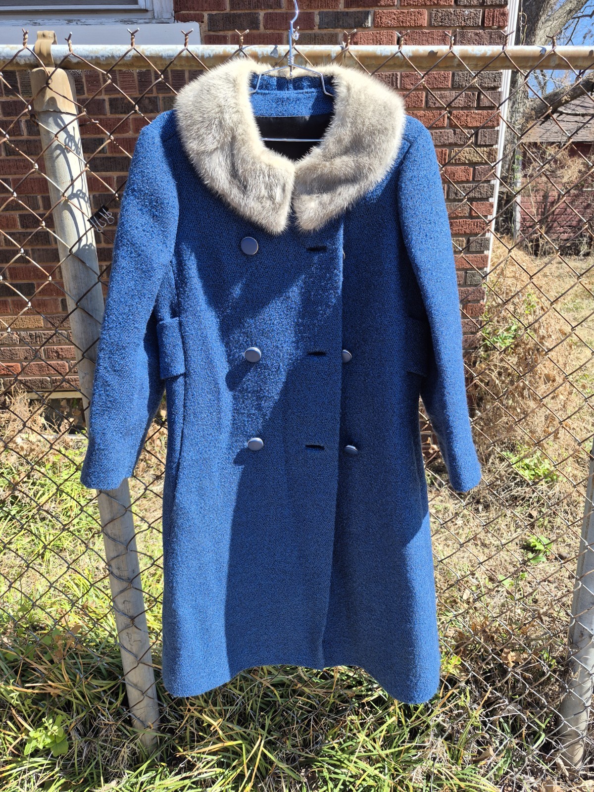 VTG Sycamore Blue Textured Fabric Blend Coat Attached Faux Collar