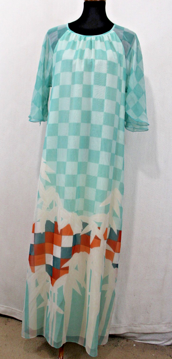 Vtg Tori Richard M Blue Geometric Tropical Floral Maxi Dress Muumuu USA Made