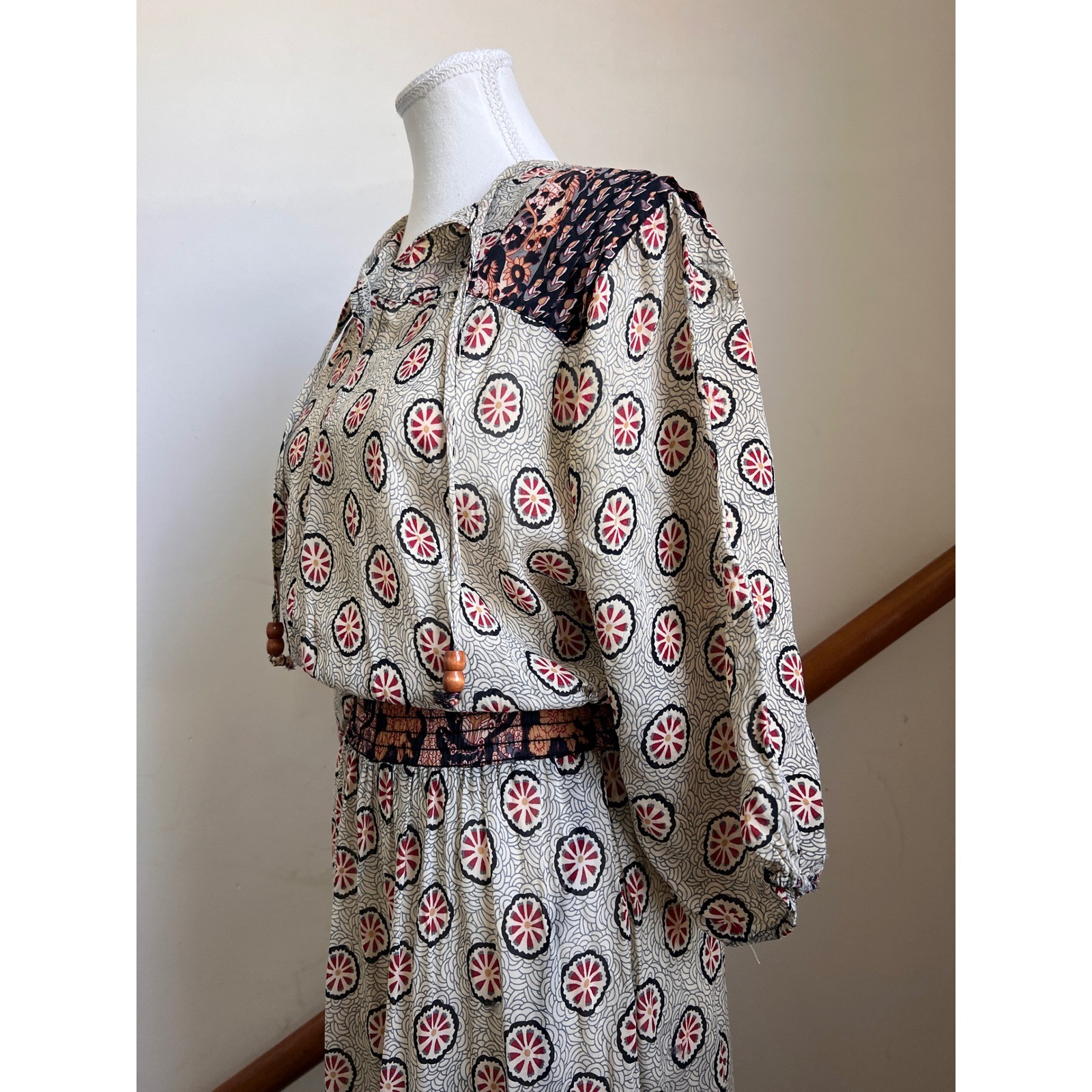 Vintage 70s Midi Dress Boho Smocked Waist Semi Sheer Peasant Batik Block Print
