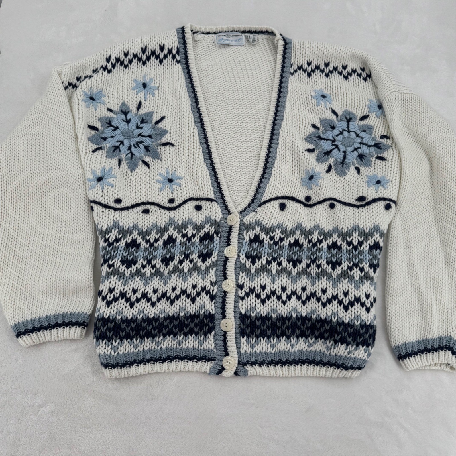 Maggie Lawrence Sport Vintage 90s Fair Isle Floral Embroidered Cardigan Sz Large