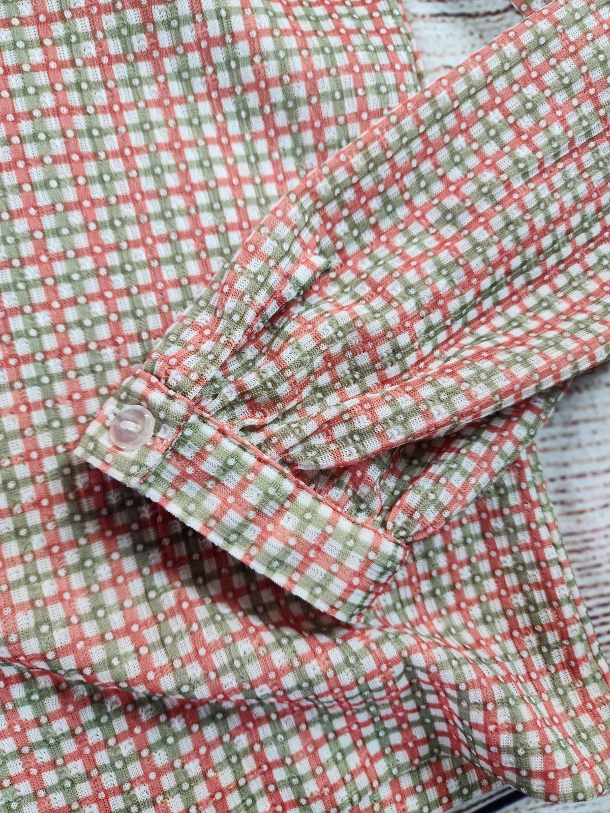VTG 70s Sears Knit Boutique Large Green Pink Checkered Button Up Shirt Prairie
