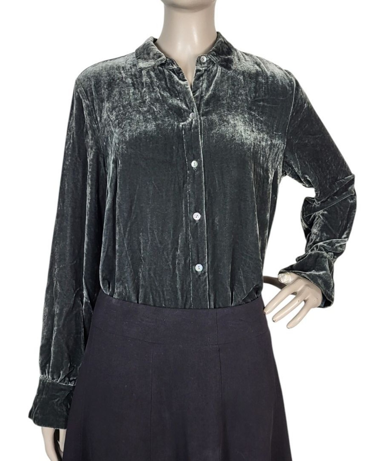 Vintage 90s J. Jill Grey Crushed Velvet Silk Rayon Button-Down Blouse Size Small