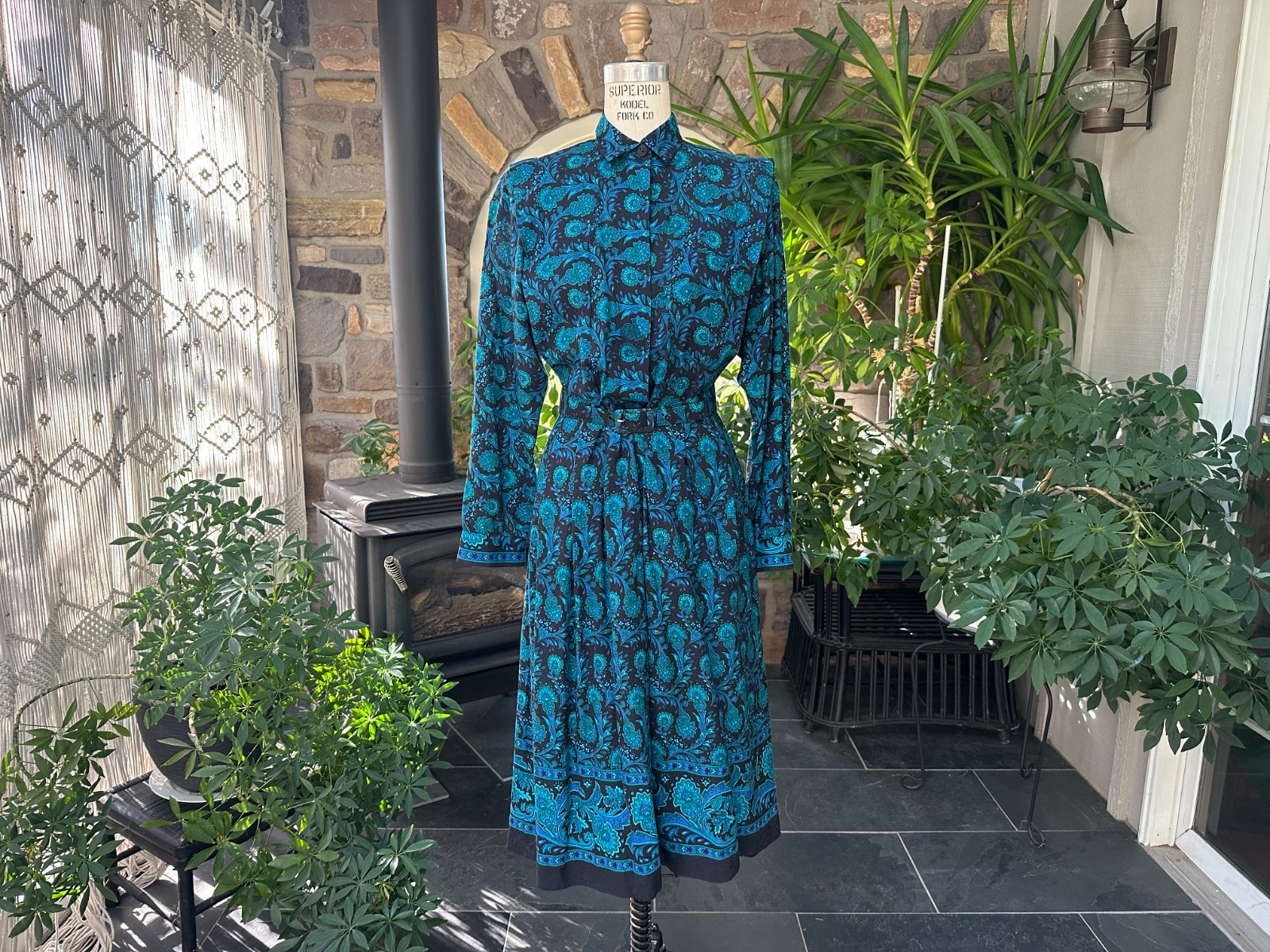 Vintage 1980s Black Blue and Green Floral Rayon Wide Belt Dress California Girl