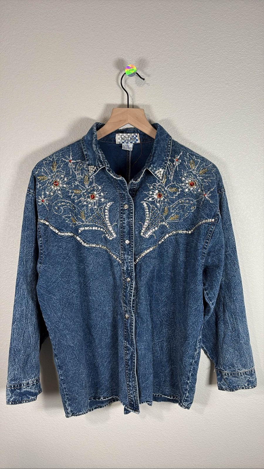 VTG 80s 90s Pretty Bleu Women’s Acid Wash Embellished Denim Jean Shirt M