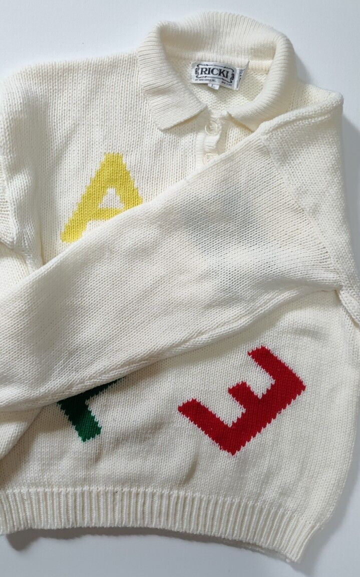 Vtg Ricki Sweater ABC Schoolhouse Acrylic Alphabet Button Collar Korea Large