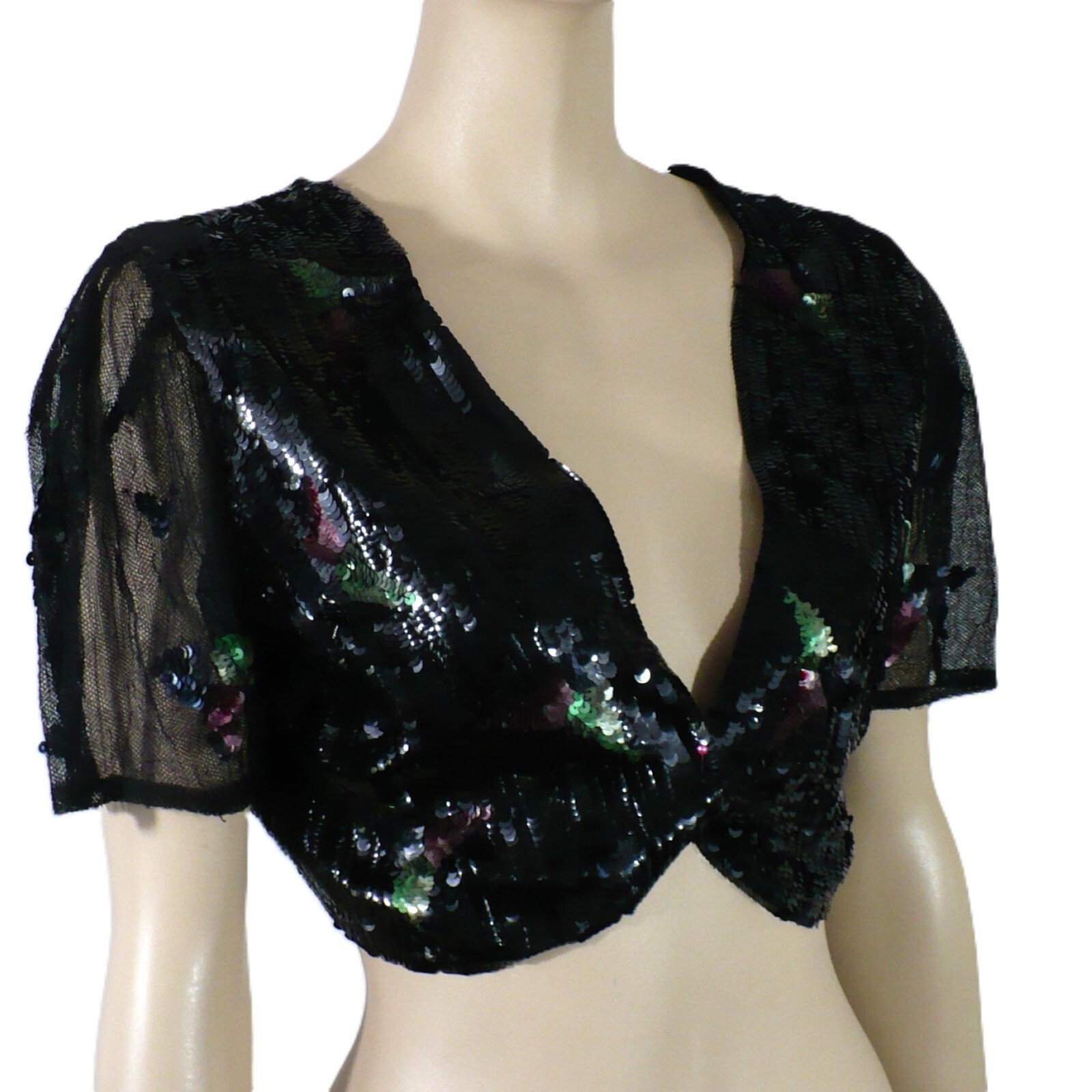 Medium 1930s Gelatin Sequins Black Bolero, Eveningwear Wrap